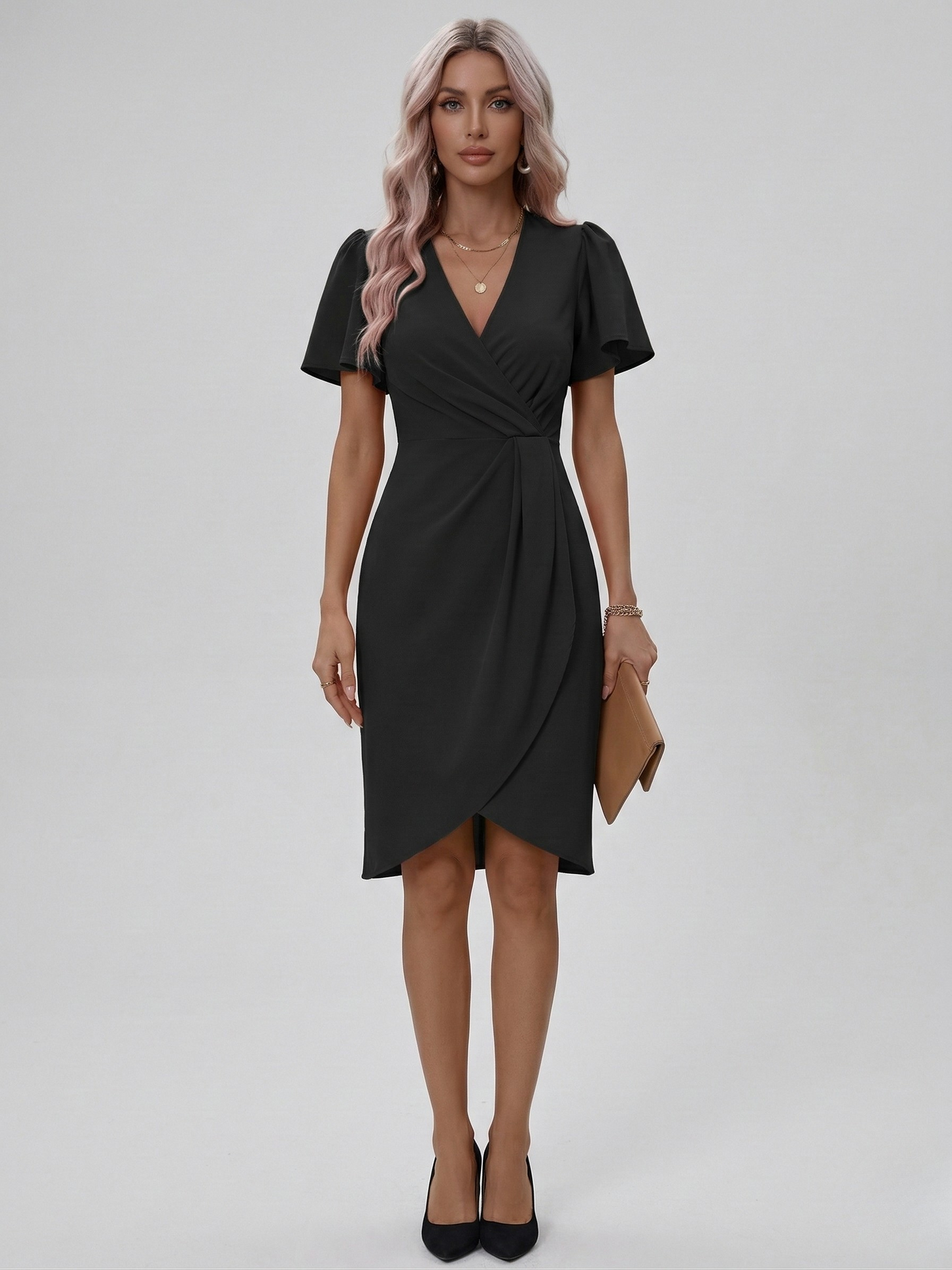 Women's Knee-Length Wrap Dress with V-Neck, Tulip Hem, Flutter Sleeves, Waist Ruching, made of Crepe