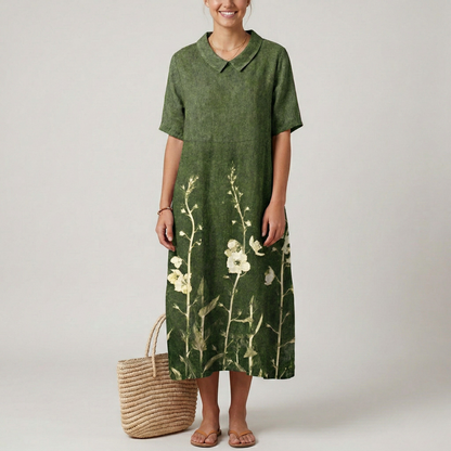Women's Maxi Dress Cotton with Watercolor Floral Pattern V-Neck Short Sleeves Empire Cut Loose Fit