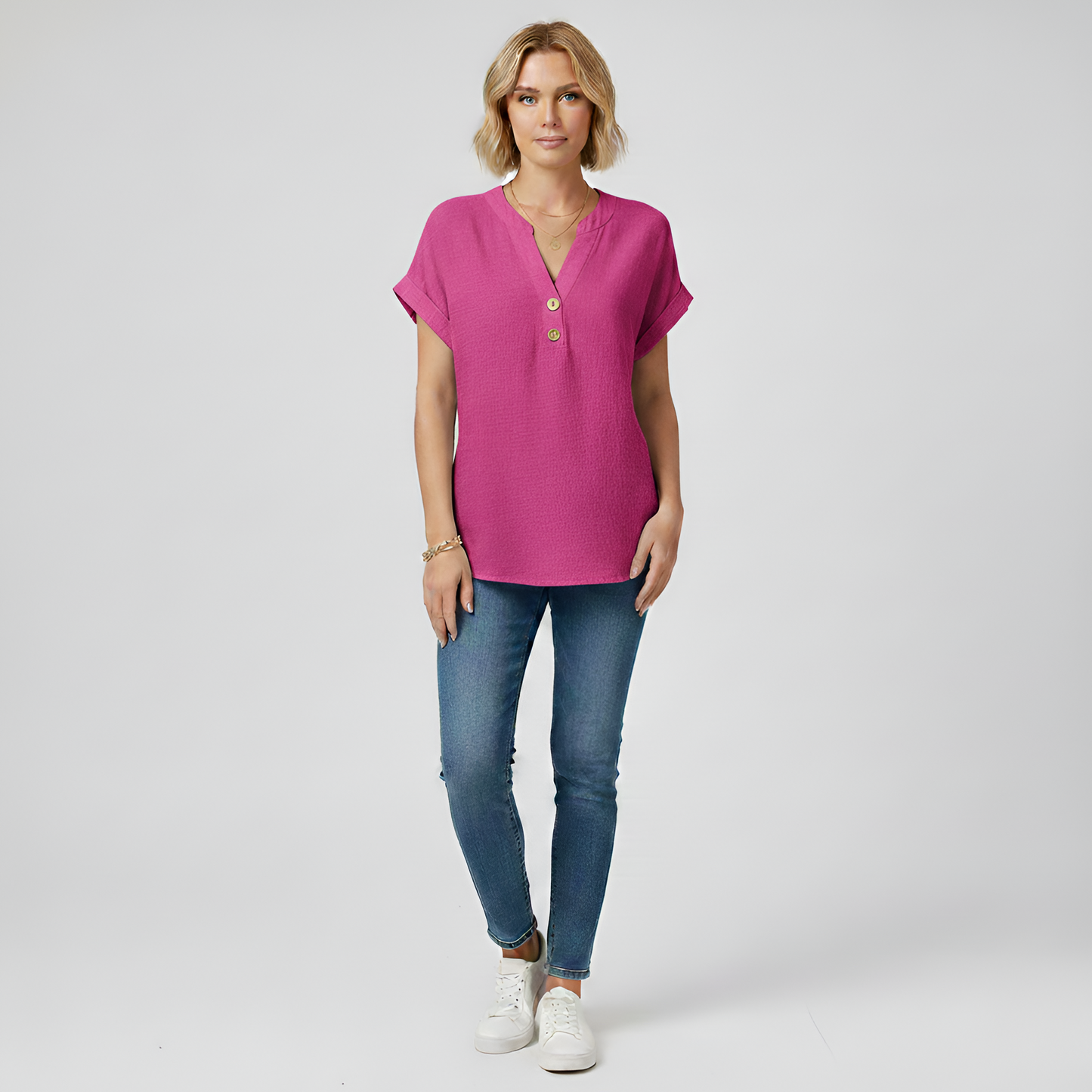 Women's Henley Blouse Cotton with V-Neck Stand Collar Short Sleeves with Cuff Hip Length Loose Fit