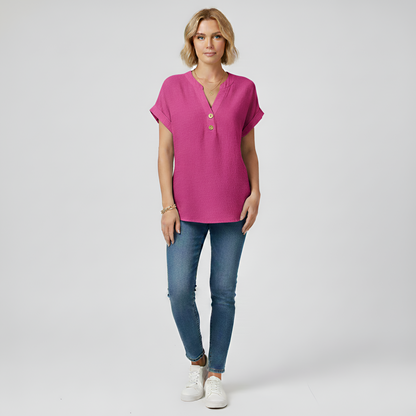 Women's Henley Blouse Cotton with V-Neck Stand Collar Short Sleeves with Cuff Hip Length Loose Fit