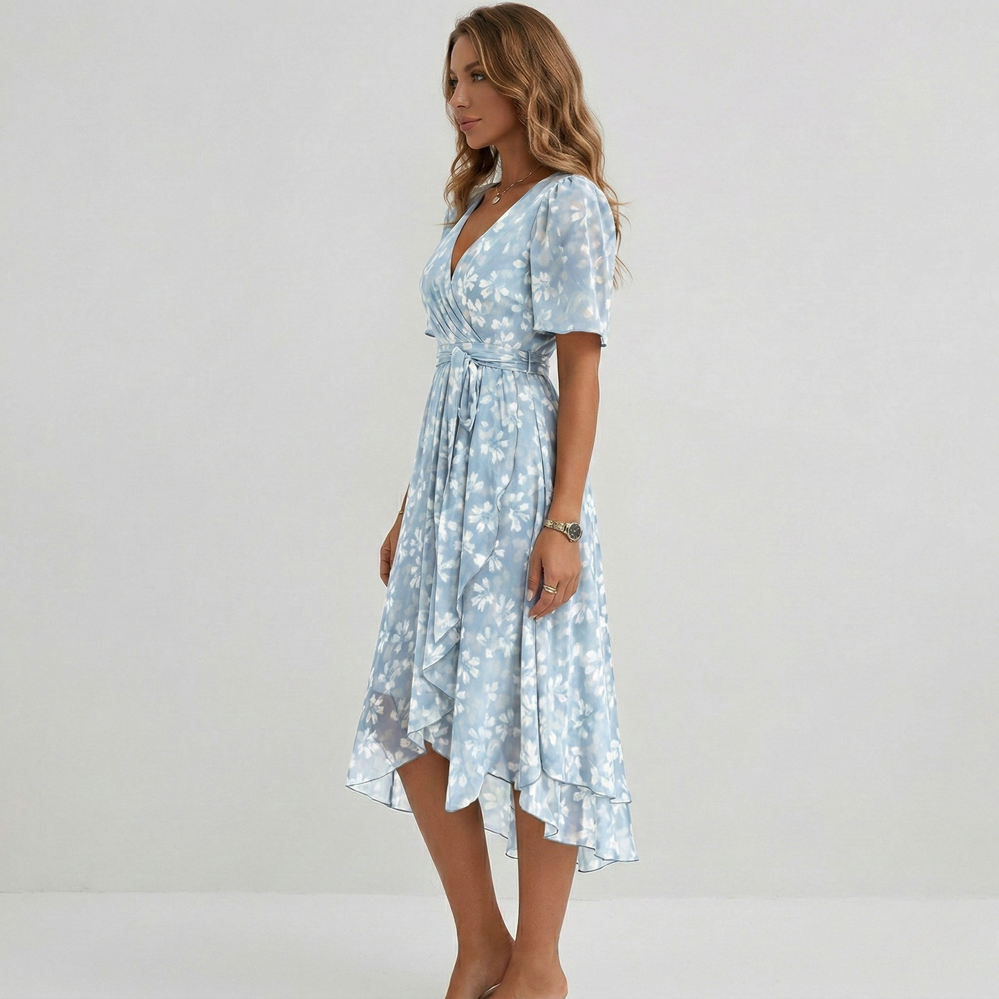 Women's Midi Dress with Floral Pattern V Wrap Neck Flutter Sleeves and Hi-Low Hem Chiffon
