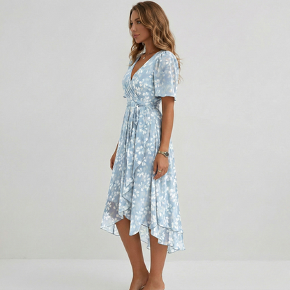 Women's Midi Dress with Floral Pattern V Wrap Neck Flutter Sleeves and Hi-Low Hem Chiffon