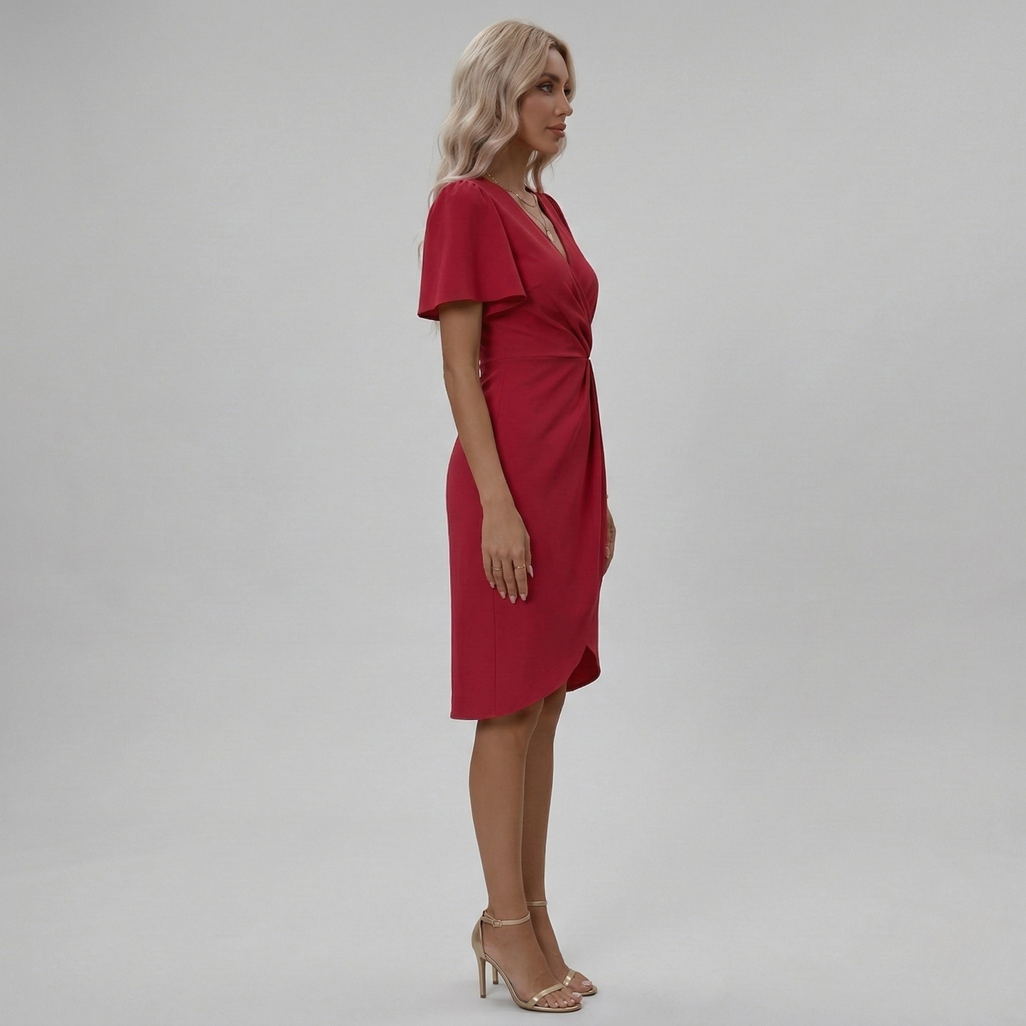 Women's Knee-Length Wrap Dress with V-Neck, Tulip Hem, Flutter Sleeves, Waist Ruching, made of Crepe