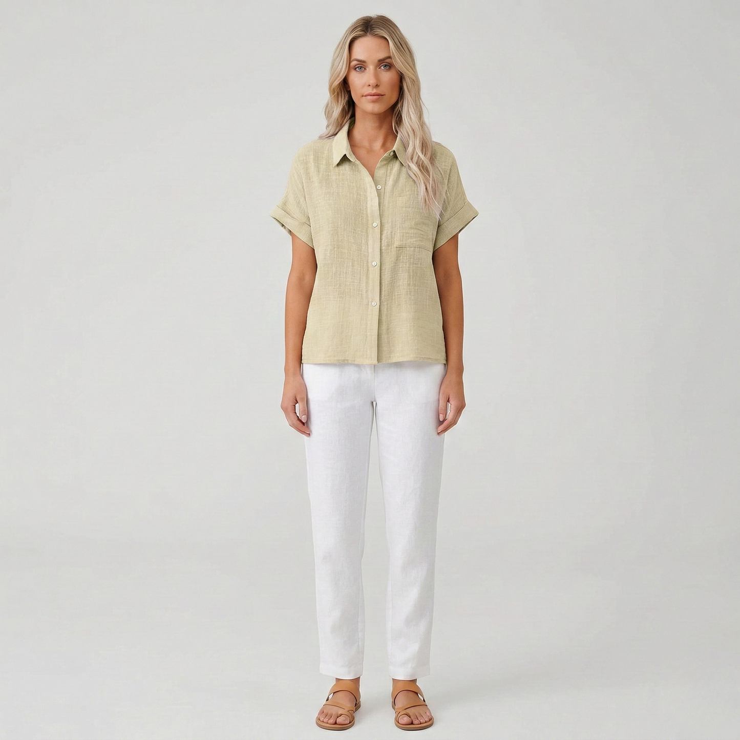 Women's Linen Blouse Short Sleeves with Button Placket Pointed Collar and Chest Pocket Drop Shoulder Cut