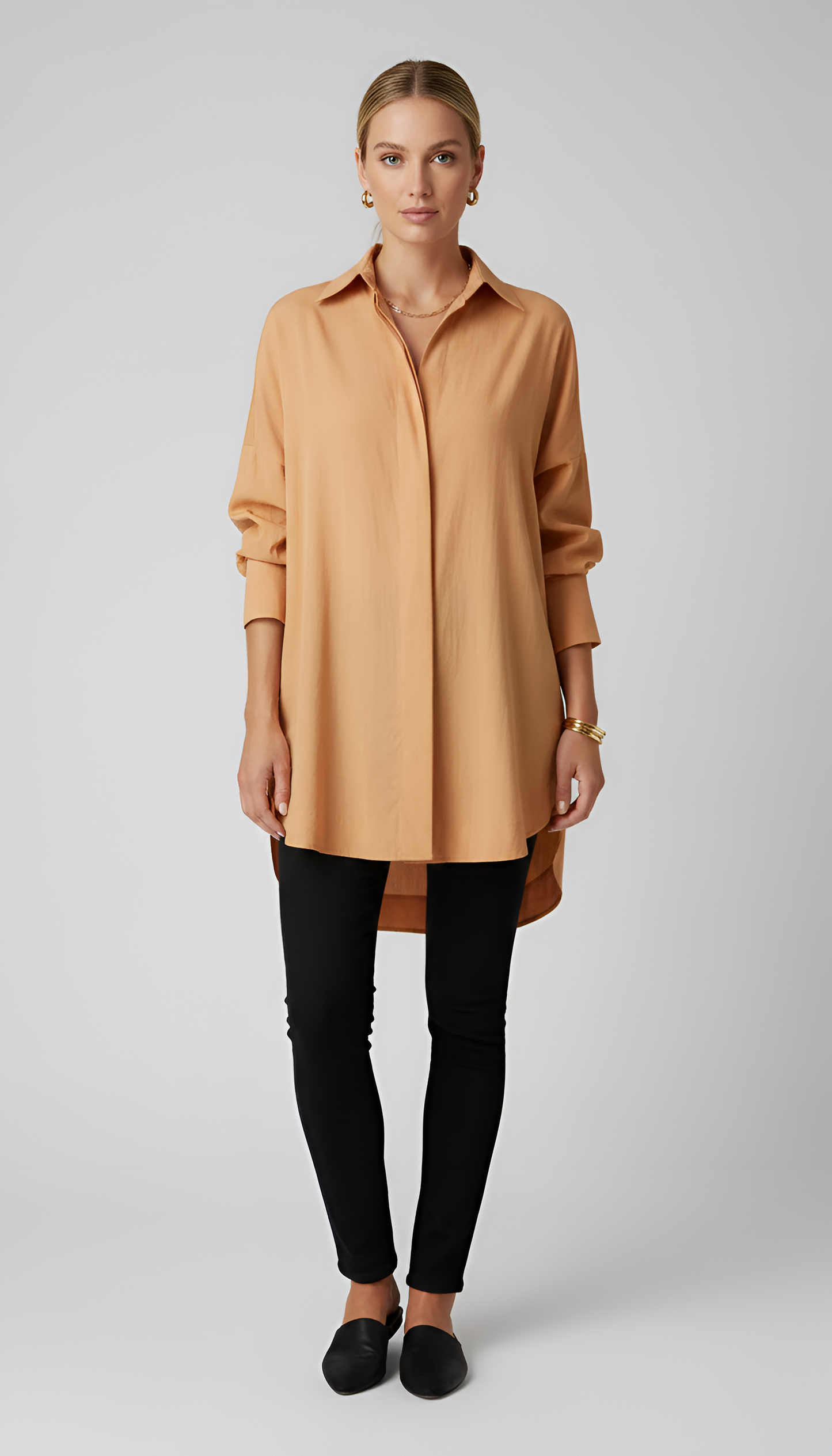 Women's Tunic Shirt Oversize Cotton with Hidden Button Placket Shirt Collar Long Sleeves