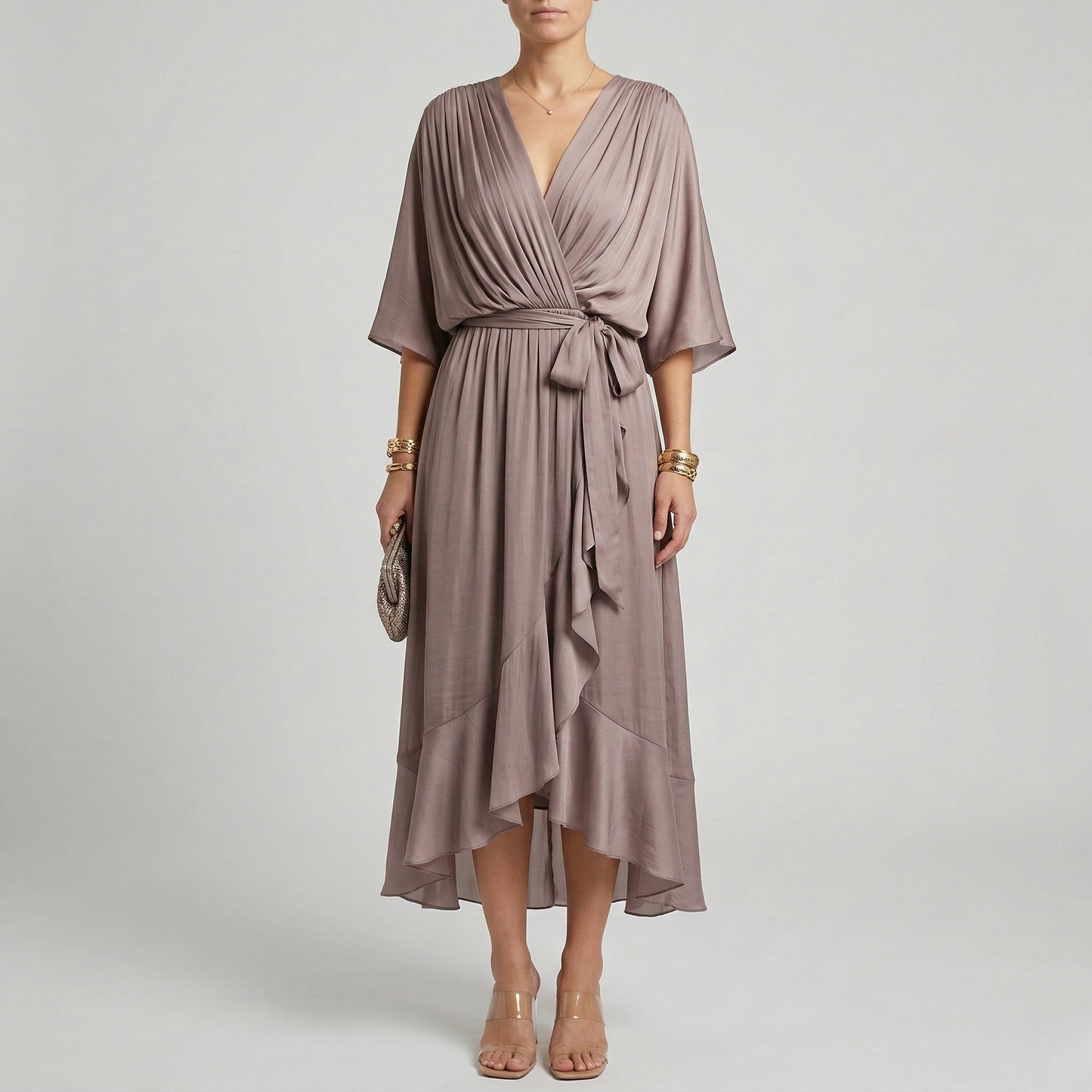 Women's Maxi Dress Chiffon with Wrap Front and Waist Belt Kimono Sleeves High-Low Hem V-Neck