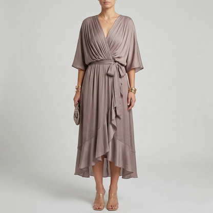 Women's Maxi Dress Chiffon with Wrap Front and Waist Belt Kimono Sleeves High-Low Hem V-Neck