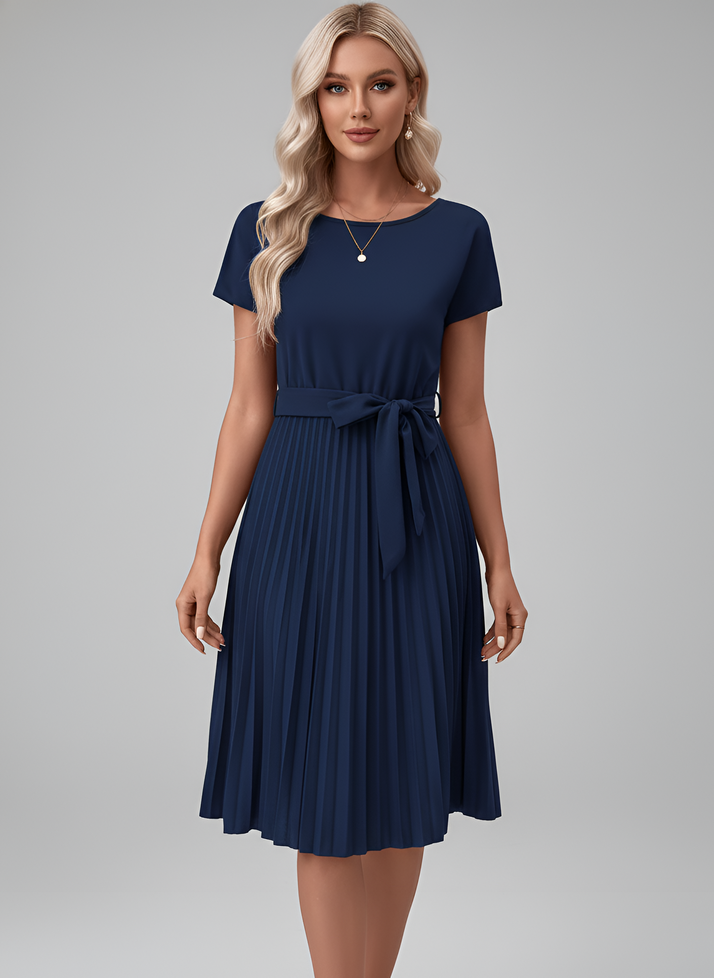 Women's Knee-Length Pleated Dress with Tie Belt Round Neck Short Sleeves Flowing Polyester