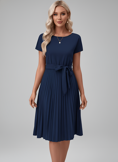 Women's Knee-Length Pleated Dress with Tie Belt Round Neck Short Sleeves Flowing Polyester
