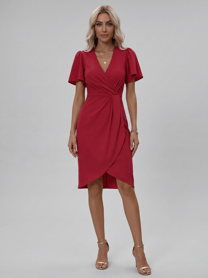 Women's Knee-Length Wrap Dress with V-Neck, Tulip Hem, Flutter Sleeves, Waist Ruching, made of Crepe