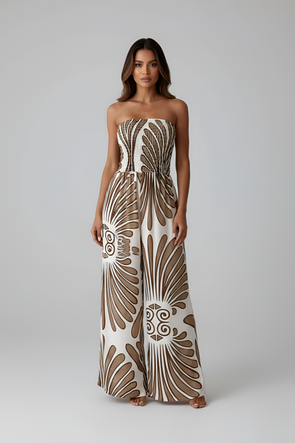 Women's Bandeau Jumpsuit with Mandala Print, Smocked Bustier, Wide Palazzo Legs, Strapless Summer
