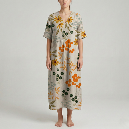 Women's Maxi Dress Cotton with Watercolor Floral Pattern V-Neck Short Sleeves Empire Cut Loose Fit