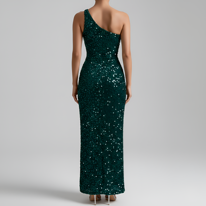 Women's Evening Dress Sequin One Shoulder with High Side Slit Bodycon Maxi with Hip Ruching