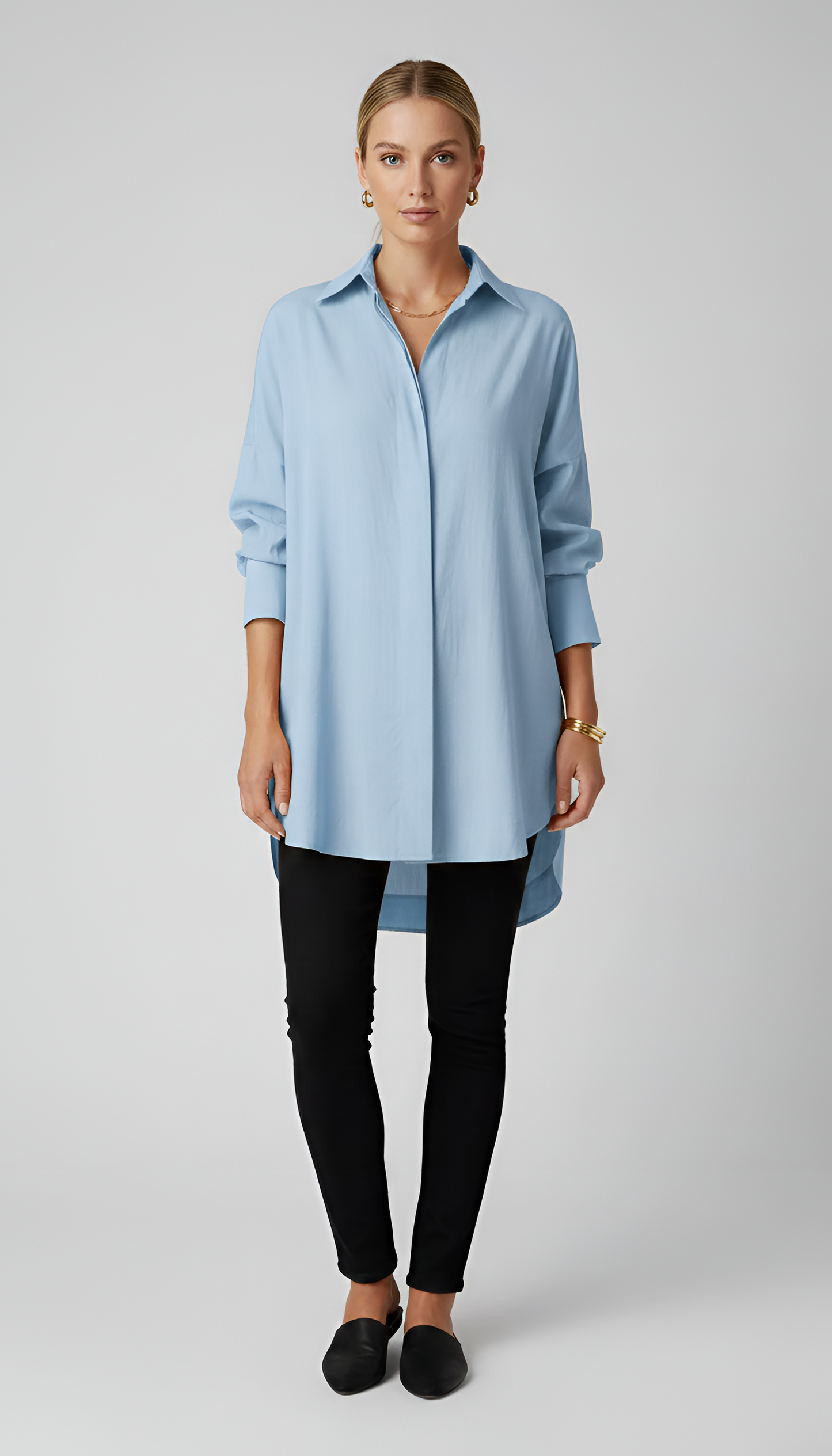 Women's Tunic Shirt Oversize Cotton with Hidden Button Placket Shirt Collar Long Sleeves
