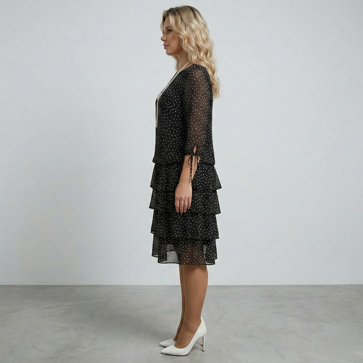 Women's Chiffon Midi Dress with Polka Dot Print, Tiered Skirt, and 3/4 Tie Sleeves in Drop Waist Cut