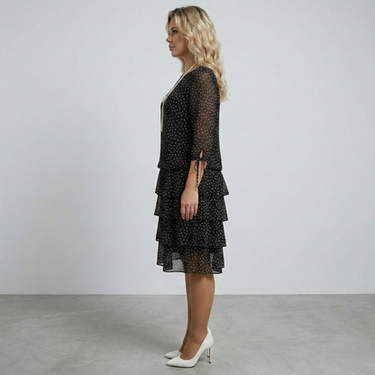 Women's Chiffon Midi Dress with Polka Dot Print, Tiered Skirt, and 3/4 Tie Sleeves in Drop Waist Cut