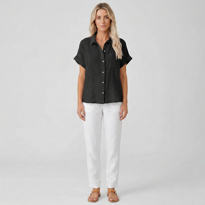 Women's Linen Blouse Short Sleeves with Button Placket Pointed Collar and Chest Pocket Drop Shoulder Cut