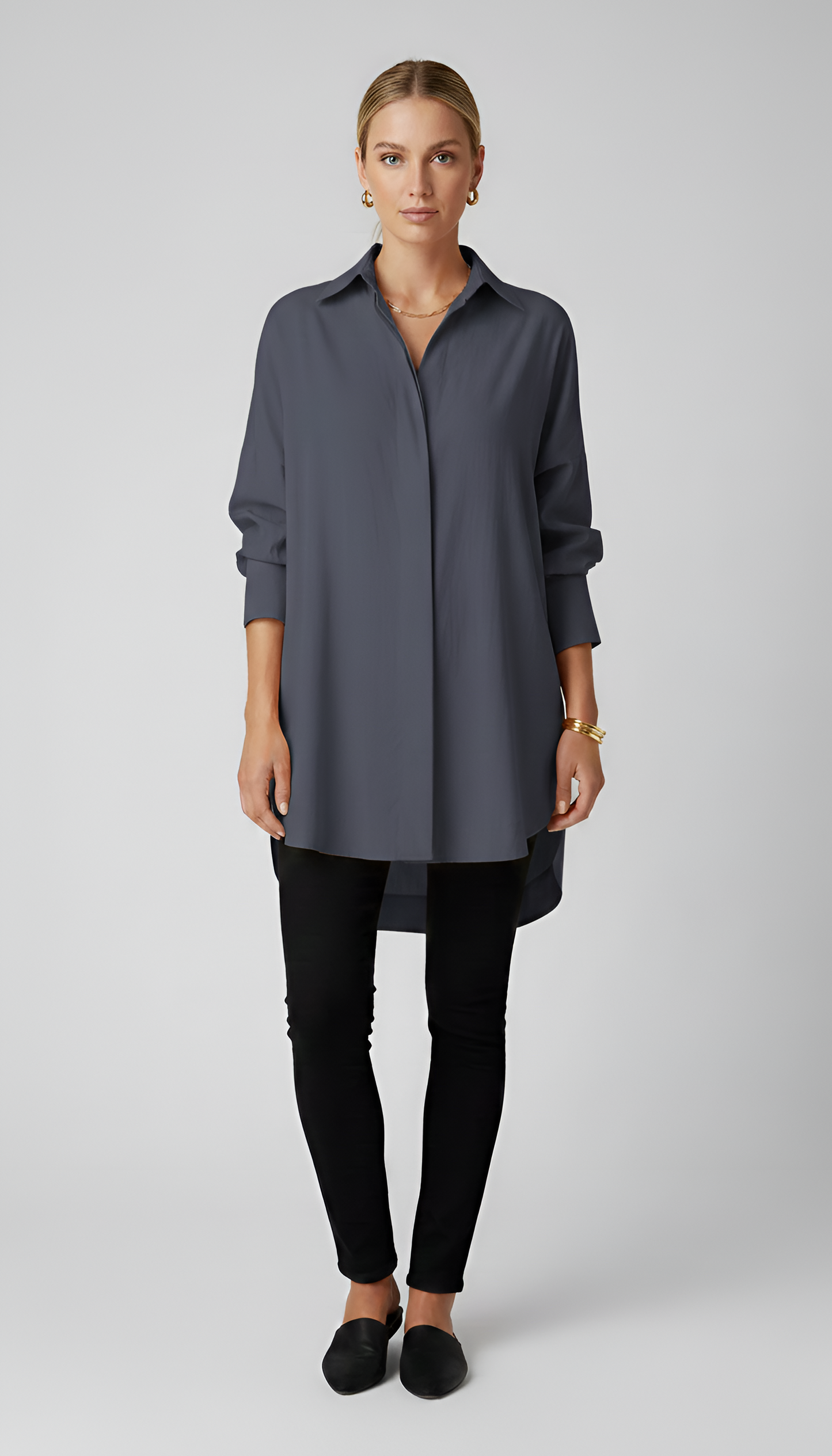 Women's Tunic Shirt Oversize Cotton with Hidden Button Placket Shirt Collar Long Sleeves