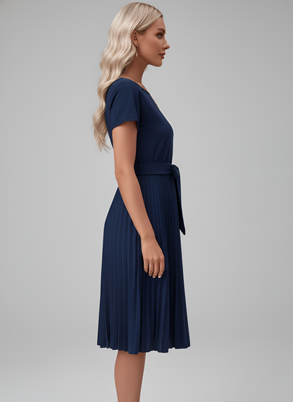 Women's Knee-Length Pleated Dress with Tie Belt Round Neck Short Sleeves Flowing Polyester