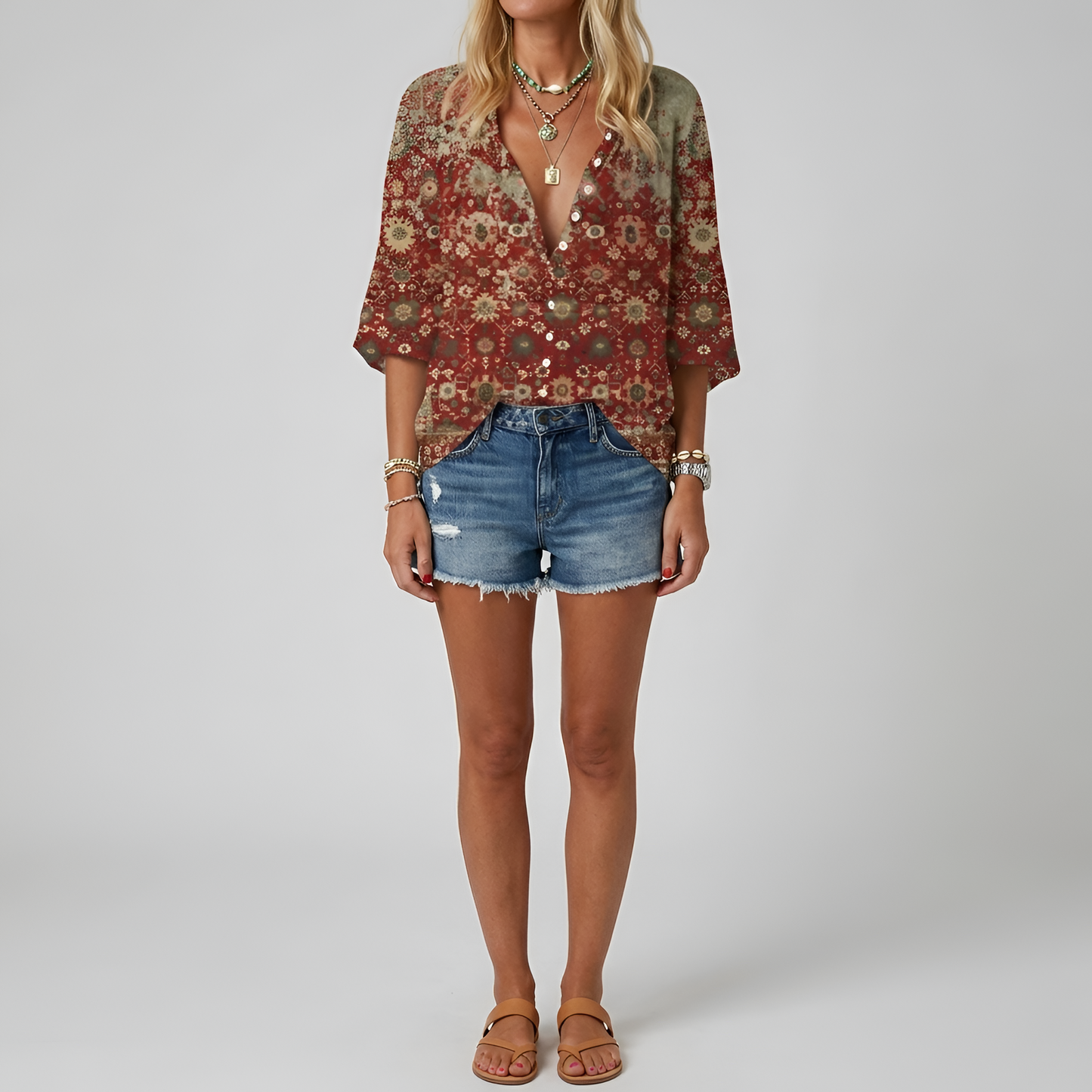 Damen Bluse mit Vintage Botanischem Print Knopfleiste und Bishop Sleeves Hüftlang aus Leichtem Mischgewebe