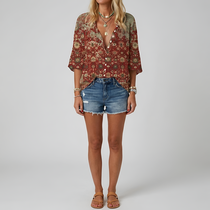 Damen Bluse mit Vintage Botanischem Print Knopfleiste und Bishop Sleeves Hüftlang aus Leichtem Mischgewebe