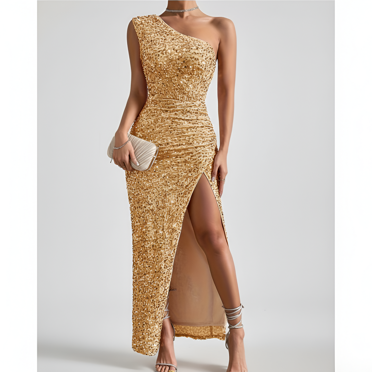 Women's Evening Dress Sequin One Shoulder with High Side Slit Bodycon Maxi with Hip Ruching