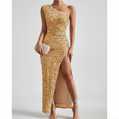Women's Evening Dress Sequin One Shoulder with High Side Slit Bodycon Maxi with Hip Ruching
