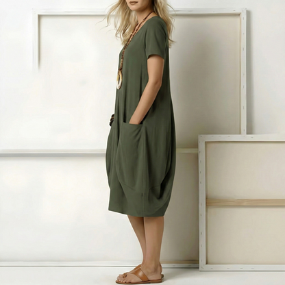 Women's Linen Midi Dress Short Sleeves Cocoon Cut Round Neck and Large Pockets