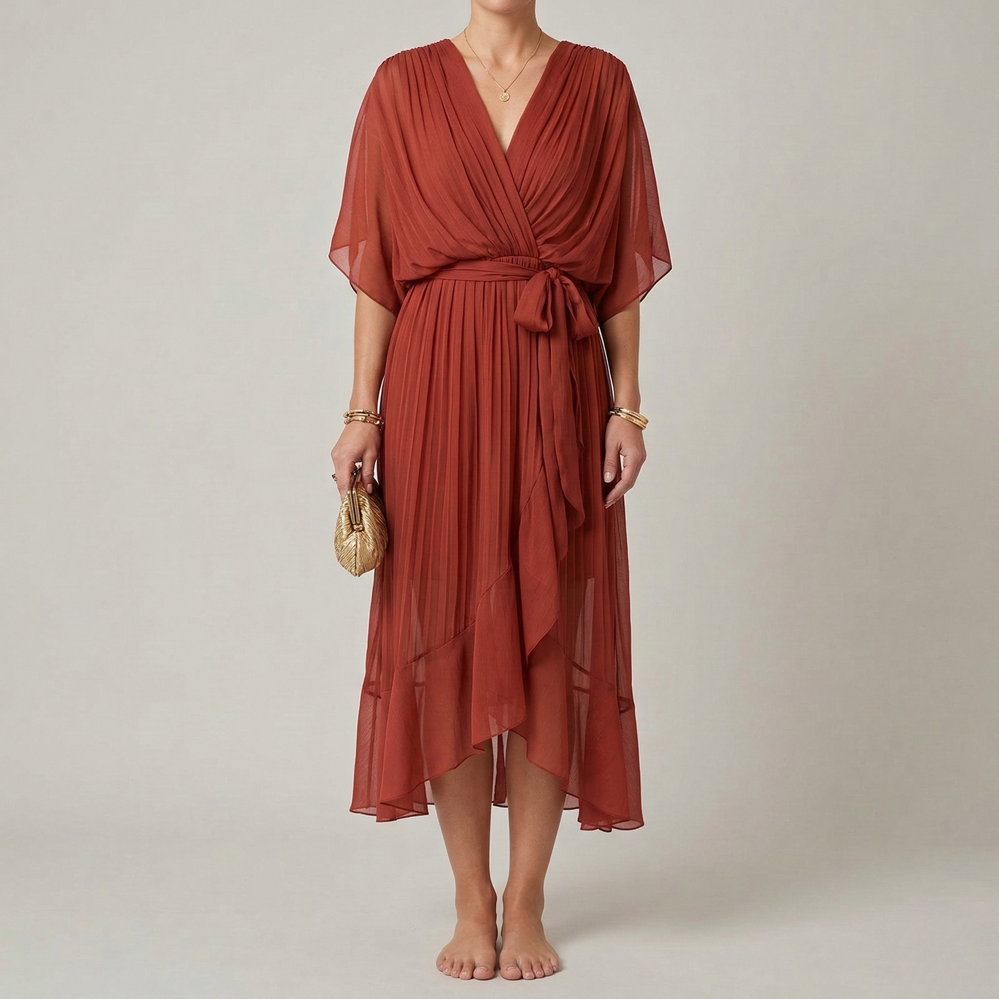Women's Maxi Dress Chiffon with Wrap Front and Waist Belt Kimono Sleeves High-Low Hem V-Neck