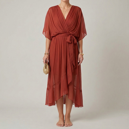 Women's Maxi Dress Chiffon with Wrap Front and Waist Belt Kimono Sleeves High-Low Hem V-Neck