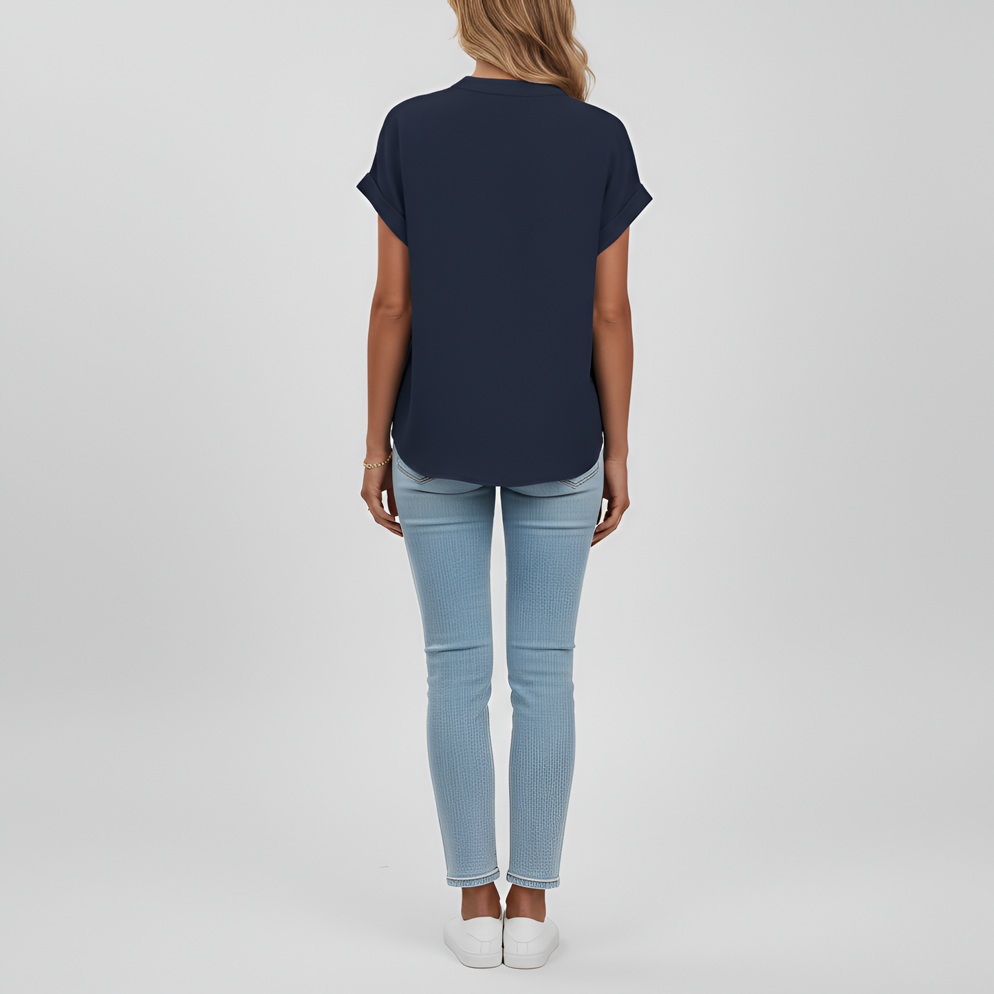 Women's Henley Blouse Cotton with V-Neck Stand Collar Short Sleeves with Cuff Hip Length Loose Fit