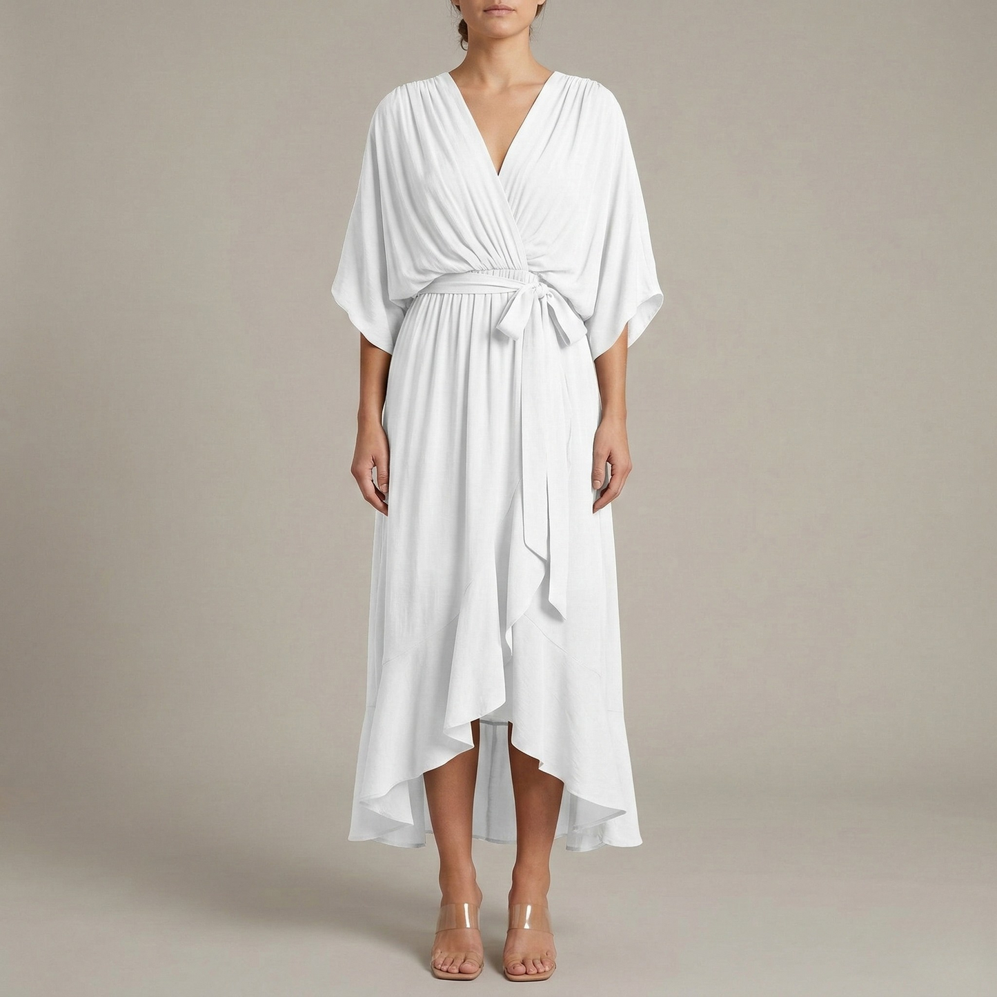 Women's Maxi Dress Chiffon with Wrap Front and Waist Belt Kimono Sleeves High-Low Hem V-Neck