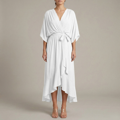 Women's Maxi Dress Chiffon with Wrap Front and Waist Belt Kimono Sleeves High-Low Hem V-Neck