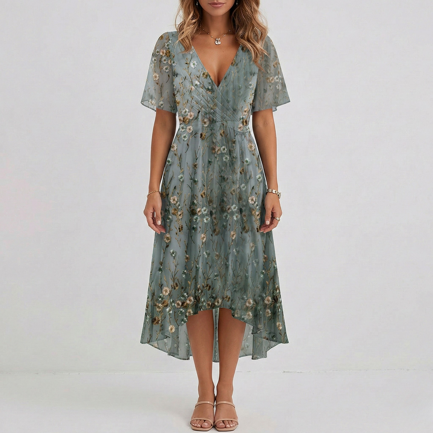 Women's Midi Dress with Floral Pattern V Wrap Neck Flutter Sleeves and Hi-Low Hem Chiffon
