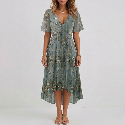 Women's Midi Dress with Floral Pattern V Wrap Neck Flutter Sleeves and Hi-Low Hem Chiffon