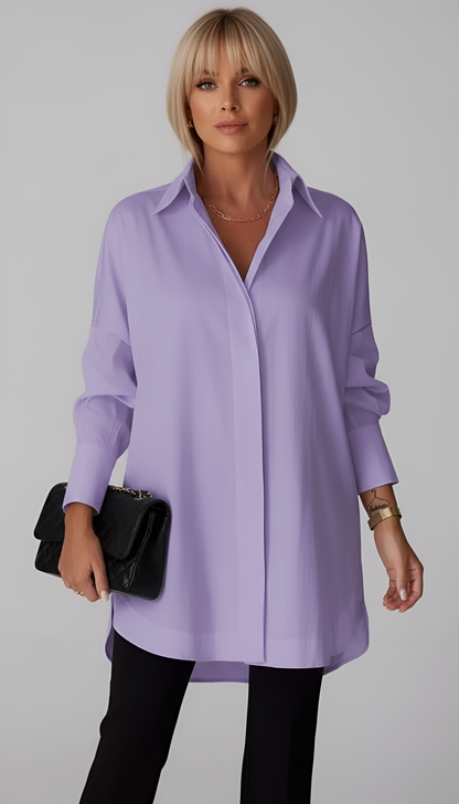 Women's Tunic Shirt Oversize Cotton with Hidden Button Placket Shirt Collar Long Sleeves