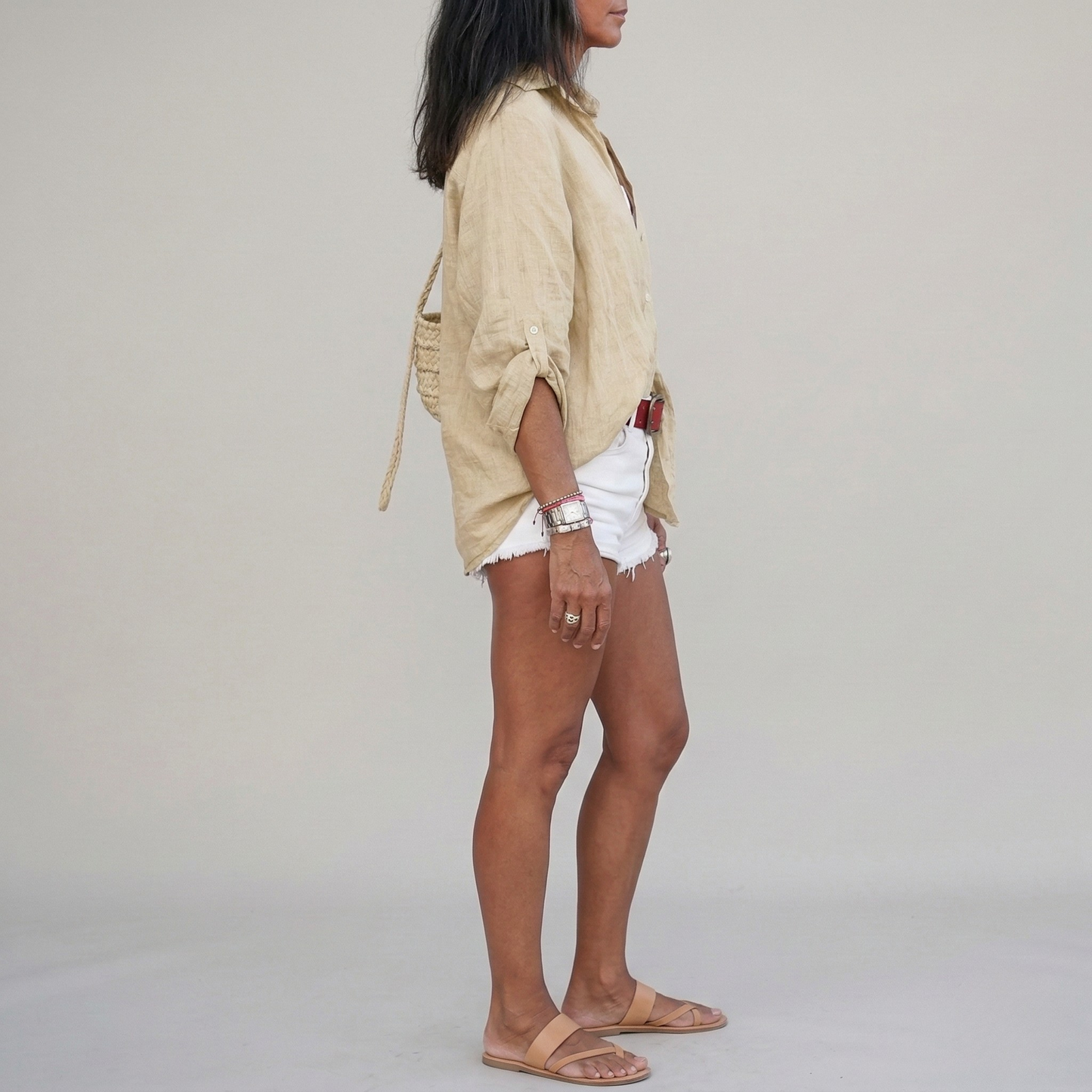 Women's Linen Shirt Oversize with Rolled Sleeves Button Placket and Classic Collar Crinkle Look
