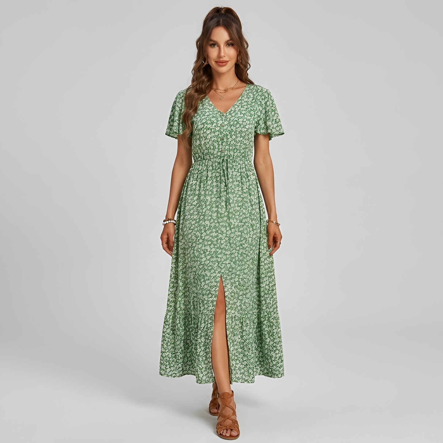 Women's Maxi Dress with Ditsy Floral Print, Button Front, Tie Belt, V-Neck, Flutter Sleeves, Front Slit