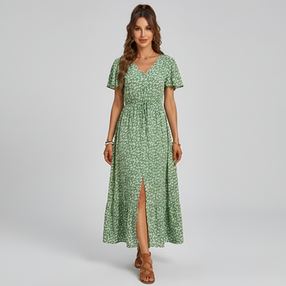 Women's Maxi Dress with Ditsy Floral Print, Button Front, Tie Belt, V-Neck, Flutter Sleeves, Front Slit