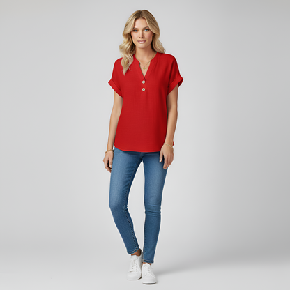 Women's Henley Blouse Cotton with V-Neck Stand Collar Short Sleeves with Cuff Hip Length Loose Fit