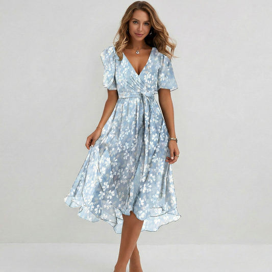 Damen Midikleid mit Blumenmuster V Wickelausschnitt Flatterärmeln und Hi Low Saum aus Chiffon