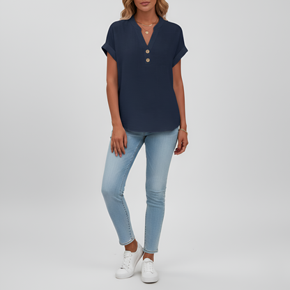 Women's Henley Blouse Cotton with V-Neck Stand Collar Short Sleeves with Cuff Hip Length Loose Fit