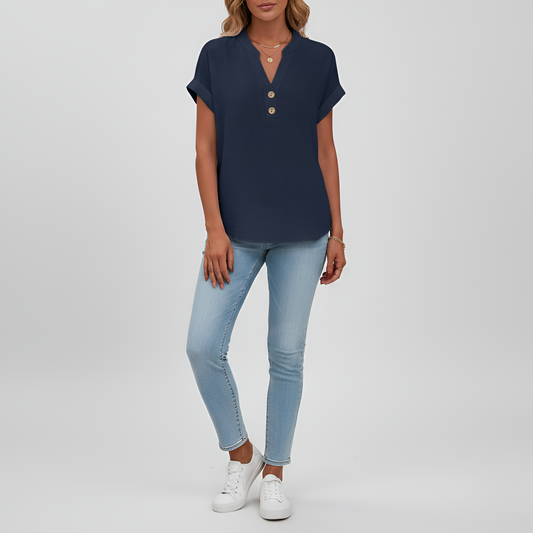 Women's Henley Blouse Cotton with V-Neck Stand Collar Short Sleeves with Cuff Hip Length Loose Fit