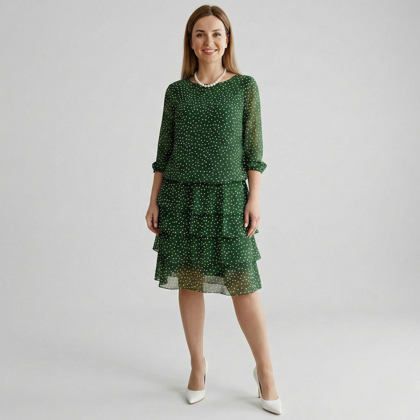 Women's Chiffon Midi Dress with Polka Dot Print, Tiered Skirt, and 3/4 Tie Sleeves in Drop Waist Cut