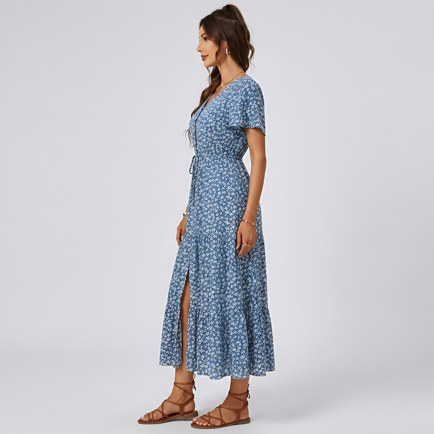 Women's Maxi Dress with Ditsy Floral Print, Button Front, Tie Belt, V-Neck, Flutter Sleeves, Front Slit