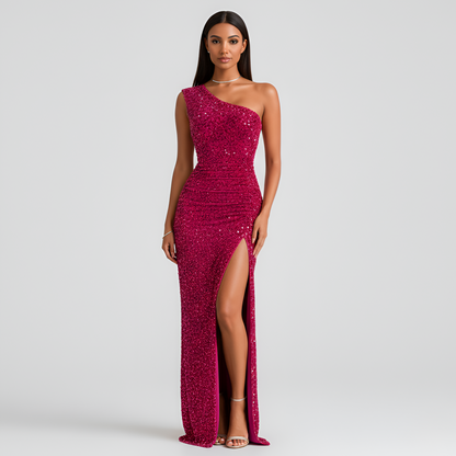Women's Evening Dress Sequin One Shoulder with High Side Slit Bodycon Maxi with Hip Ruching