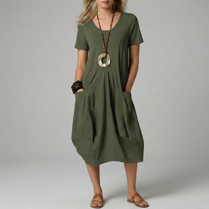 Women's Linen Midi Dress Short Sleeves Cocoon Cut Round Neck and Large Pockets