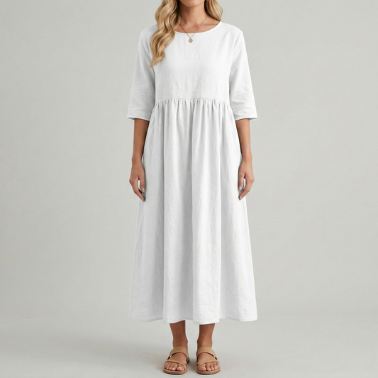 Damen Leinen Midikleid mit Empire Schnitt Halbarm Rundhals und Seitentaschen Wadenlang im A Linien Schnitt