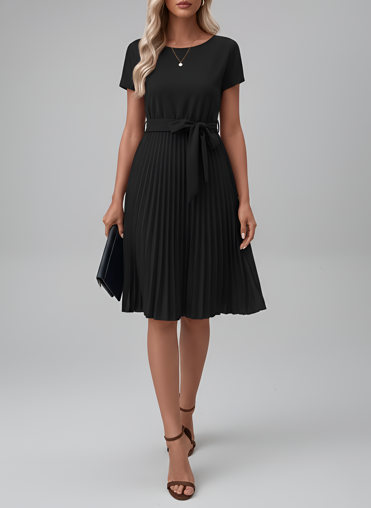 Women's Knee-Length Pleated Dress with Tie Belt Round Neck Short Sleeves Flowing Polyester