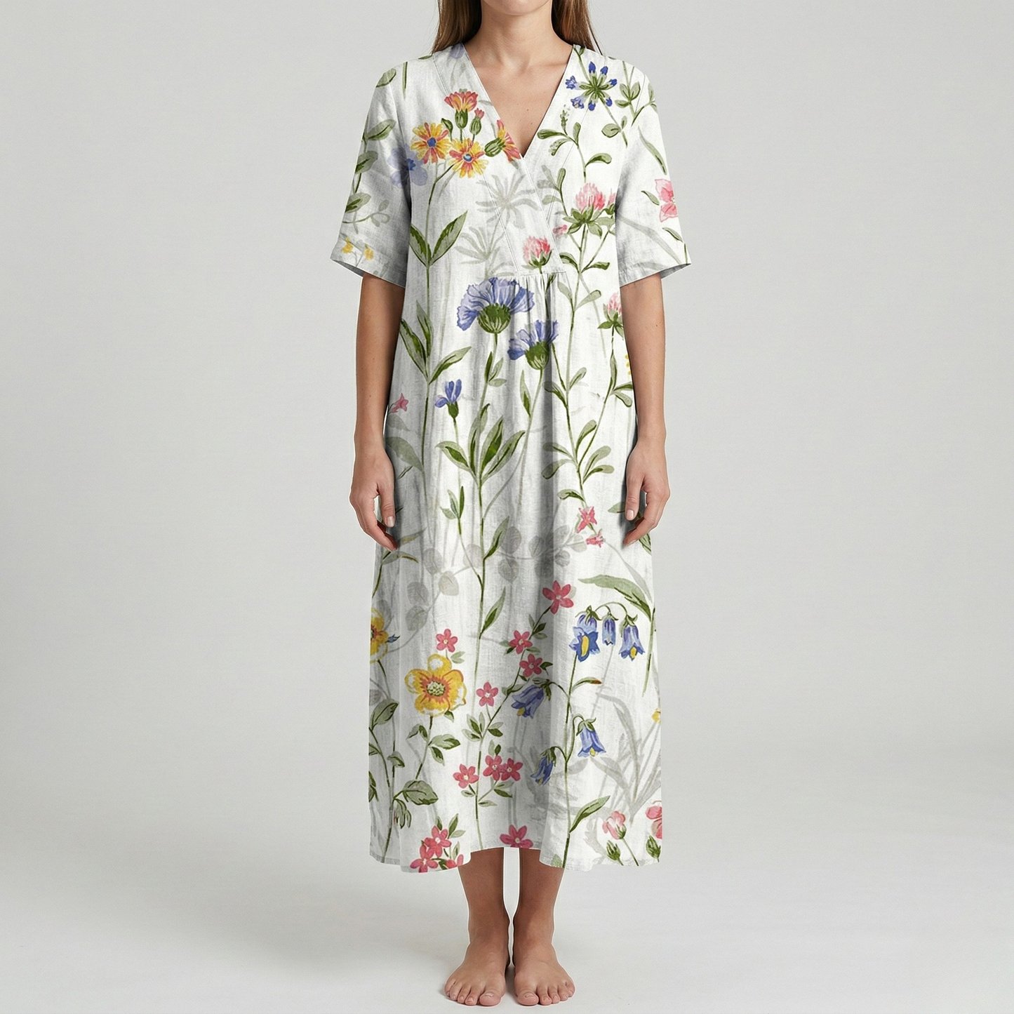 Women's Maxi Dress Cotton with Watercolor Floral Pattern V-Neck Short Sleeves Empire Cut Loose Fit